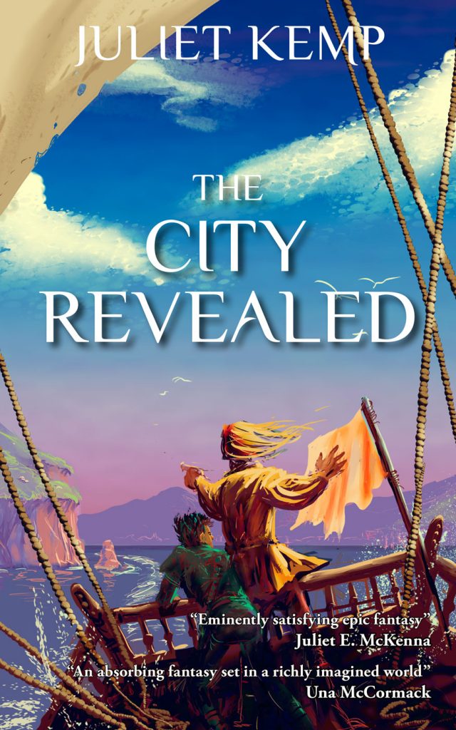 Book cover of The City Revealed, with two figures on a ship looking back at a city.