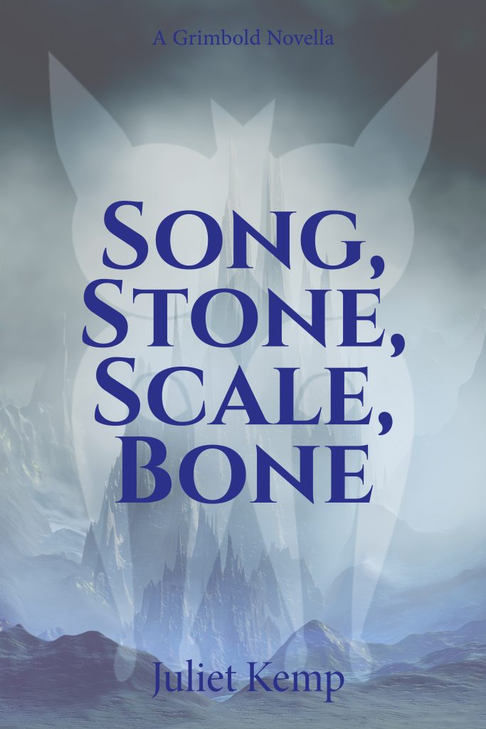 Song, Stone, Scale, Bone cover, author Juliet Kemp, with ghostly image behind the text